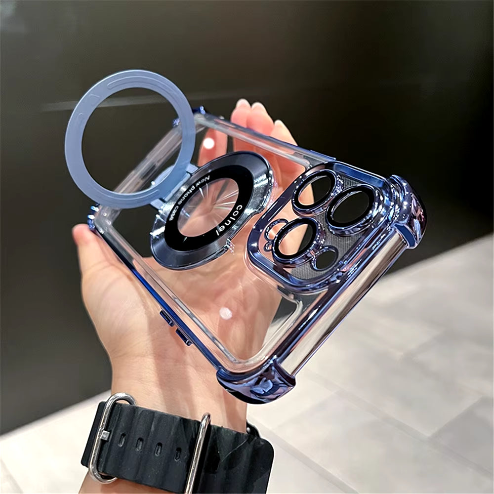 Luxury Plating Shockproof Magnetic Bracket for Magsafe Clear Case for Iphone 15 16 14 13 12 11 Pro Max with Holder Stand Cover