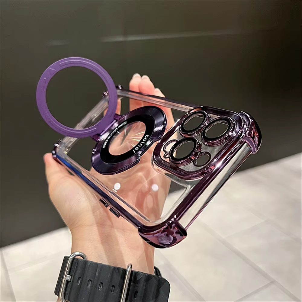 Luxury Plating Shockproof Magnetic Bracket for Magsafe Clear Case for Iphone 15 16 14 13 12 11 Pro Max with Holder Stand Cover