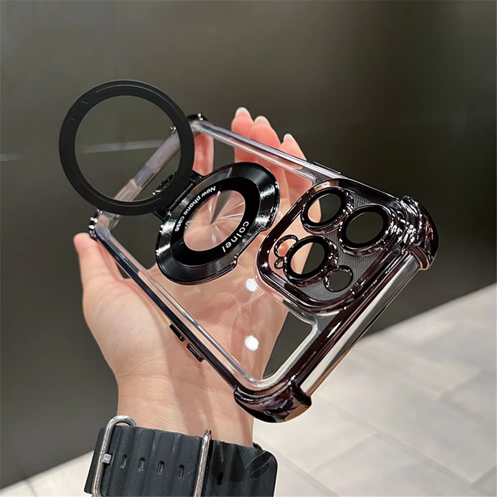 Luxury Plating Shockproof Magnetic Bracket for Magsafe Clear Case for Iphone 15 16 14 13 12 11 Pro Max with Holder Stand Cover