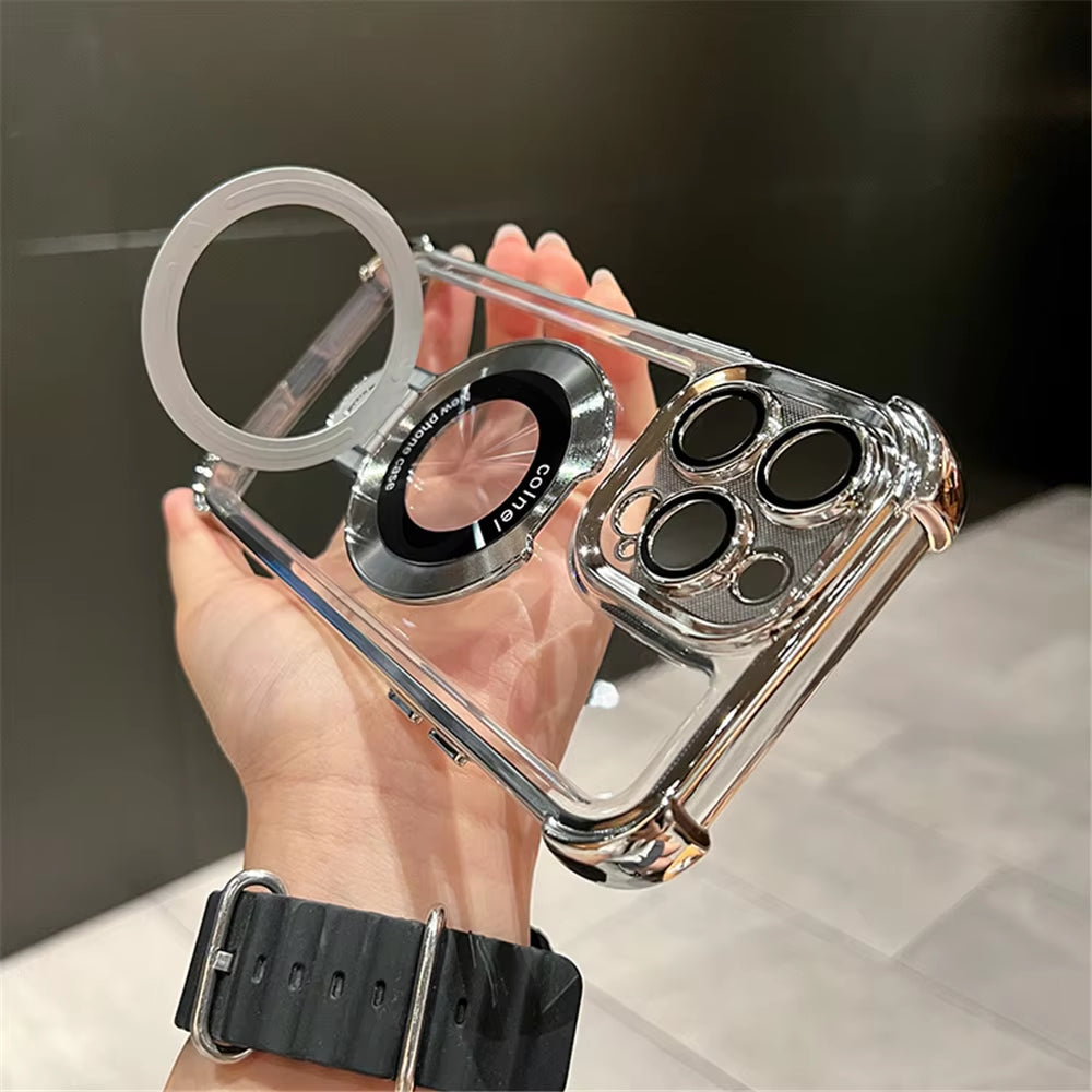 Luxury Plating Shockproof Magnetic Bracket for Magsafe Clear Case for Iphone 15 16 14 13 12 11 Pro Max with Holder Stand Cover