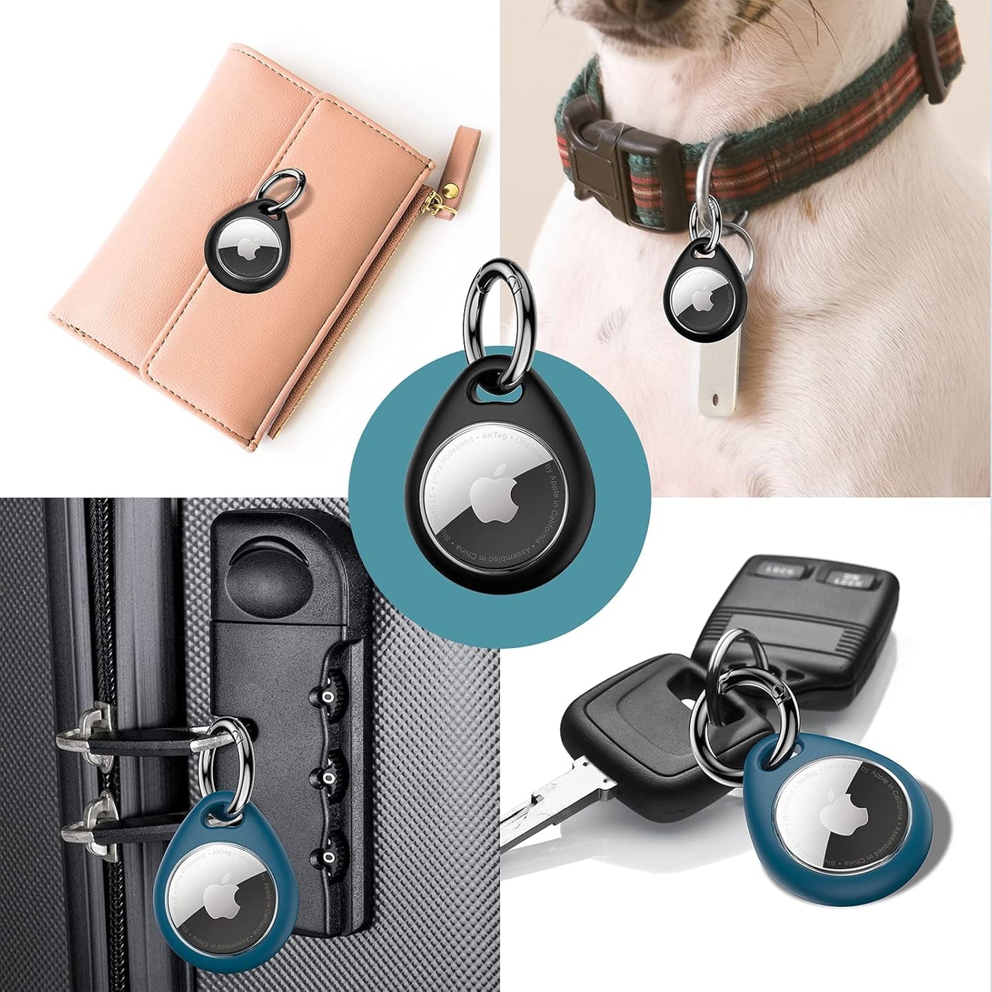 Airtag Case 4-Pack, TPU Protective Cover with Keyring for Apple Airtag [Snug Fit & Secure] [Easy Installation] Anti-Scratch 360° Full Body Holder for Keys, Pets, Bags - 2 Black & 2 Blue
