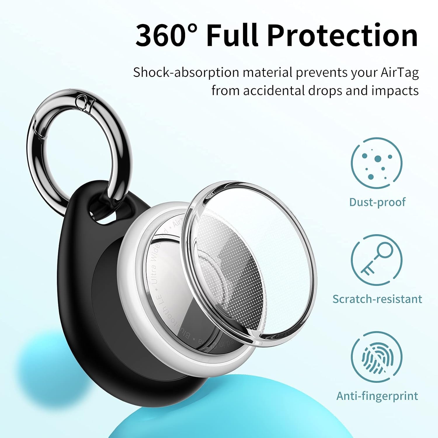 Airtag Case 4-Pack, TPU Protective Cover with Keyring for Apple Airtag [Snug Fit & Secure] [Easy Installation] Anti-Scratch 360° Full Body Holder for Keys, Pets, Bags - 2 Black & 2 Blue
